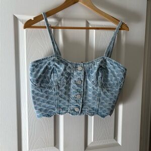 Blank NYC NWT denim corset smocked tank crop size small hearts pattern Revolve
